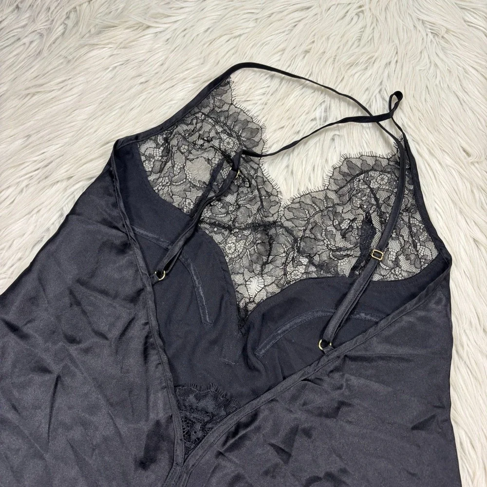 Victoria's Secret Women's M Black Satin‎ Lace Bust Strappy Nighty Gown Coquette